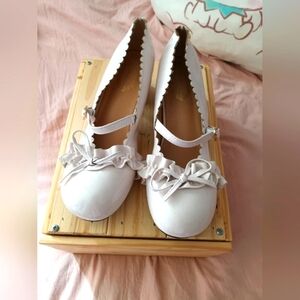 White Mary Jane Flats with Lace Bow and Strap